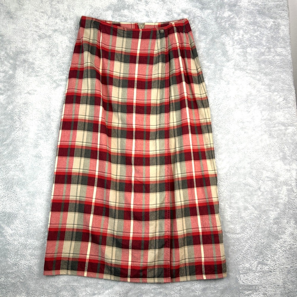 VTG Crazy Horse Wrap Skirt Country Plaid Red Midi Size 12 By Liz‎ Claiborne